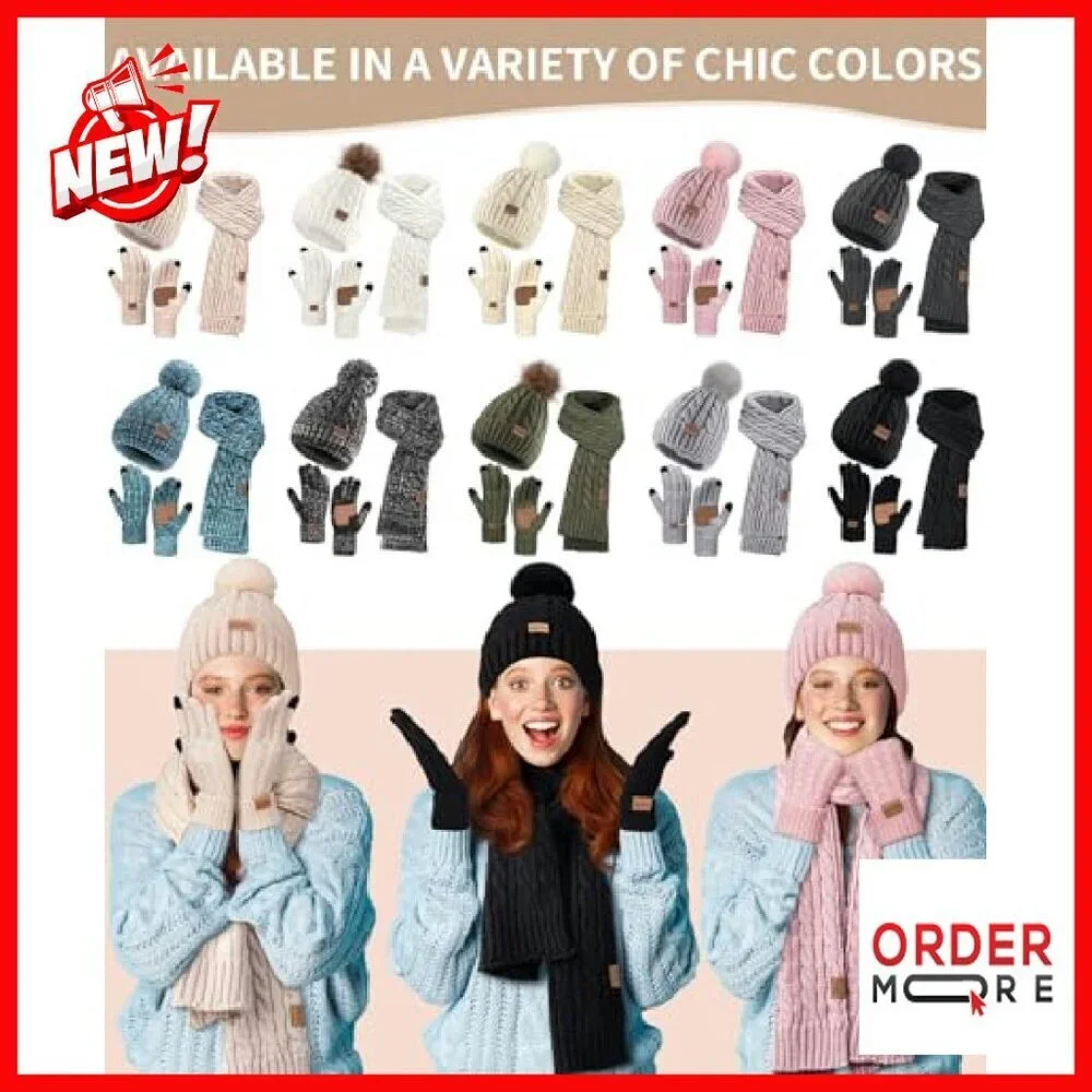 3-Piece Winter Set: Beanie, Scarf, Touchscreen Gloves - Acrylic